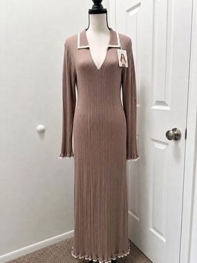 PrettyGarden Ribbed Sweater Maxi Dress XL NWT Taupe biege Contrast Trim Knit Dre